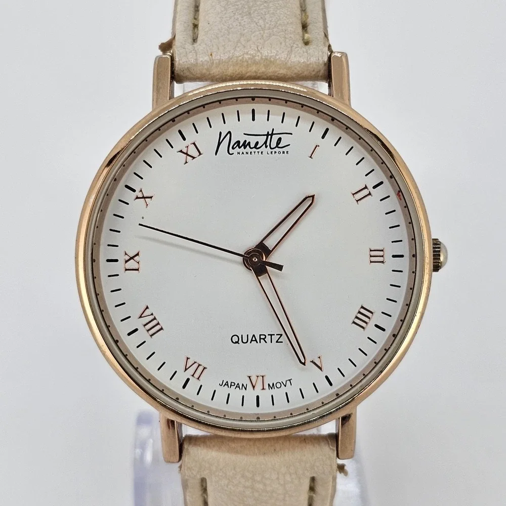 Women's Analog Watch 36MM White Dial Cream Faux Leather Bands NEW Battery